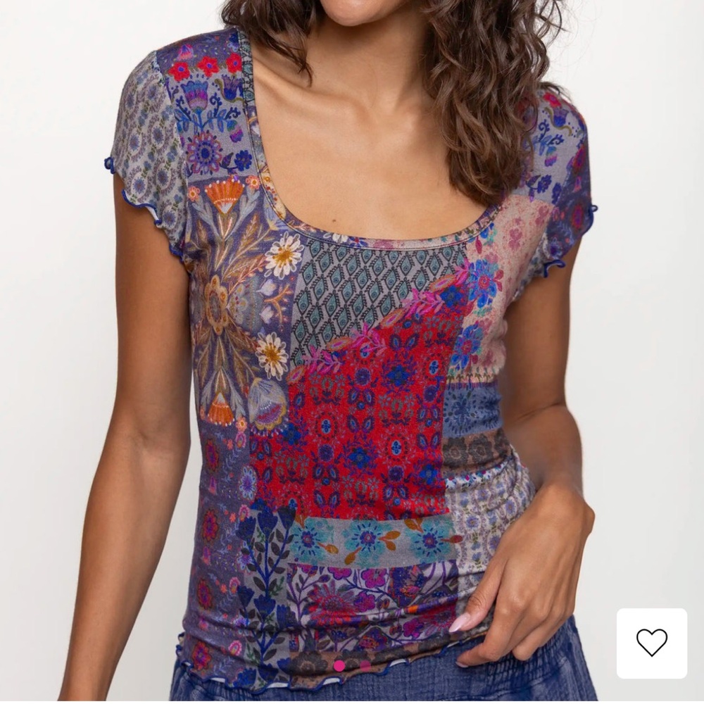 Devon “Buttersoft” Short Sleeve Top - Blue Patchwork